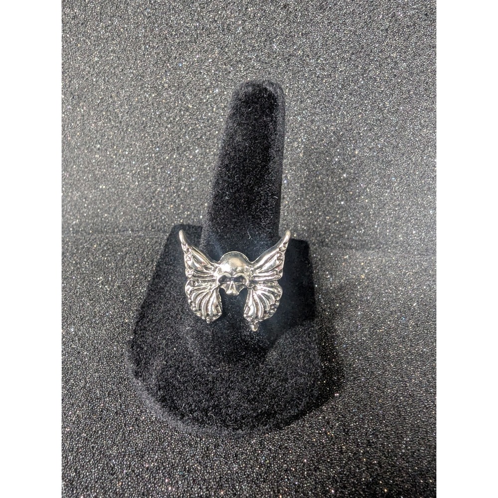 Silver Toned Skull With Moth Wings Ring - Size 7